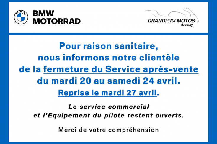 Chers clients, Un collaborateur de l’entreprise est déclaré «cas contact à la COVID-19 ». Tous nos autres collaborateurs ont été testés négatifs, nous vous accueillerons donc dans des conditions sanitaires optimales ; cependant nous sommes contraints de fermer le Service Après-Vente du mardi 20 au samedi 24 avril. Le Service après-vente / Pièces et Accessoires reprendra le mardi 27 avril.  Nous donnons le maximum pour répondre à vos demandes le plus rapidement possible et nous vous prions de nous excuser po