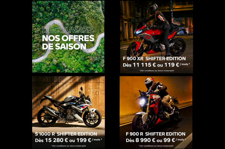 N'attendez plus pour vivre de pures sensations en moto.  La F 900 R est à partir de 8 990€, la F 900 XR à partir de 11 115€, et la S 1000 R dès 15 280€. Jusqu’au 30 Juin, nous offrons le permis A2 pour tout achat d’une F 900 R A2 ou d’une F 900 XR A2 !  Toutes nos offres auprès de vos conseillers commerciaux chez GrandPrix Motos.  *voir conditions sur bmw-motorrad.fr