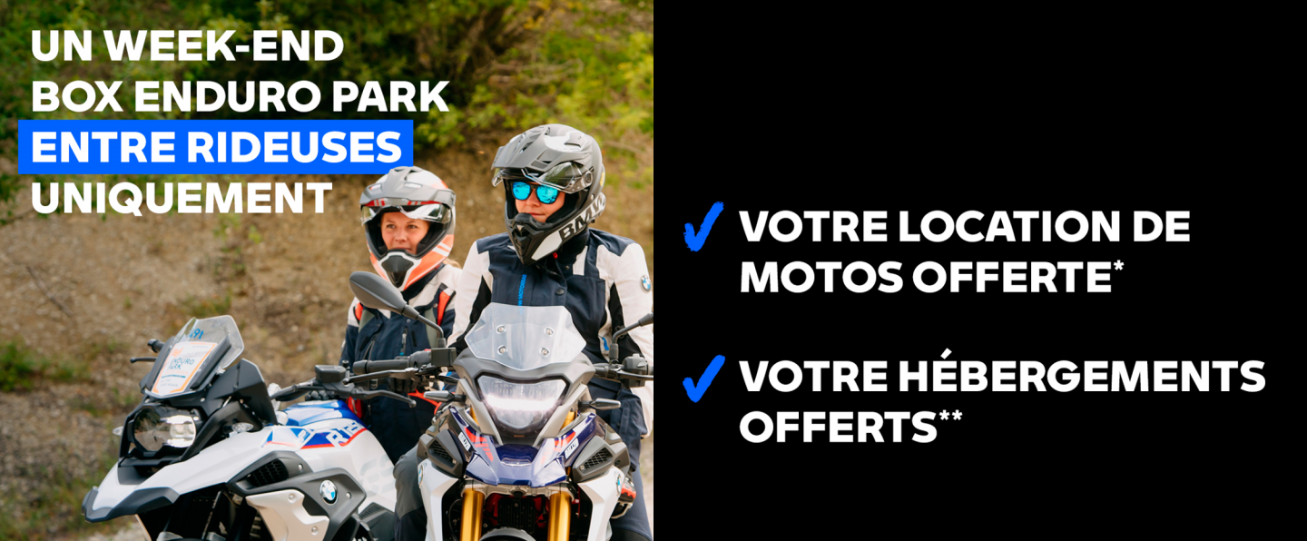 Réservez votre place pour un stage Enduro Park 100% Femmes !  Les 3 et 4 juillet, BMW Motorrad vous accueille pour 2 jours de découverte off-road à l’Enduro Park Lastours !   Un moment de découverte et de plaisir entre rideuses, accessible à toutes.  Location de motos et hébergements inclus !   