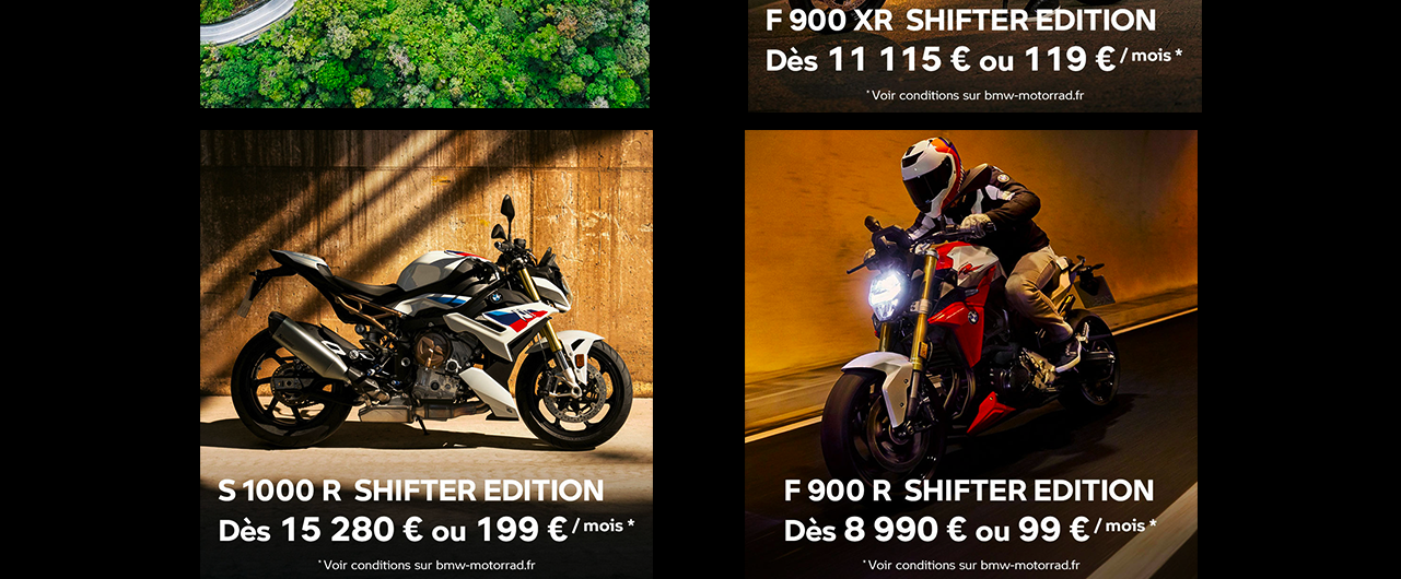 N'attendez plus pour vivre de pures sensations en moto.  La F 900 R est à partir de 8 990€, la F 900 XR à partir de 11 115€, et la S 1000 R dès 15 280€. Jusqu’au 30 Juin, nous offrons le permis A2 pour tout achat d’une F 900 R A2 ou d’une F 900 XR A2 !  Toutes nos offres auprès de vos conseillers commerciaux chez GrandPrix Motos.  *voir conditions sur bmw-motorrad.fr